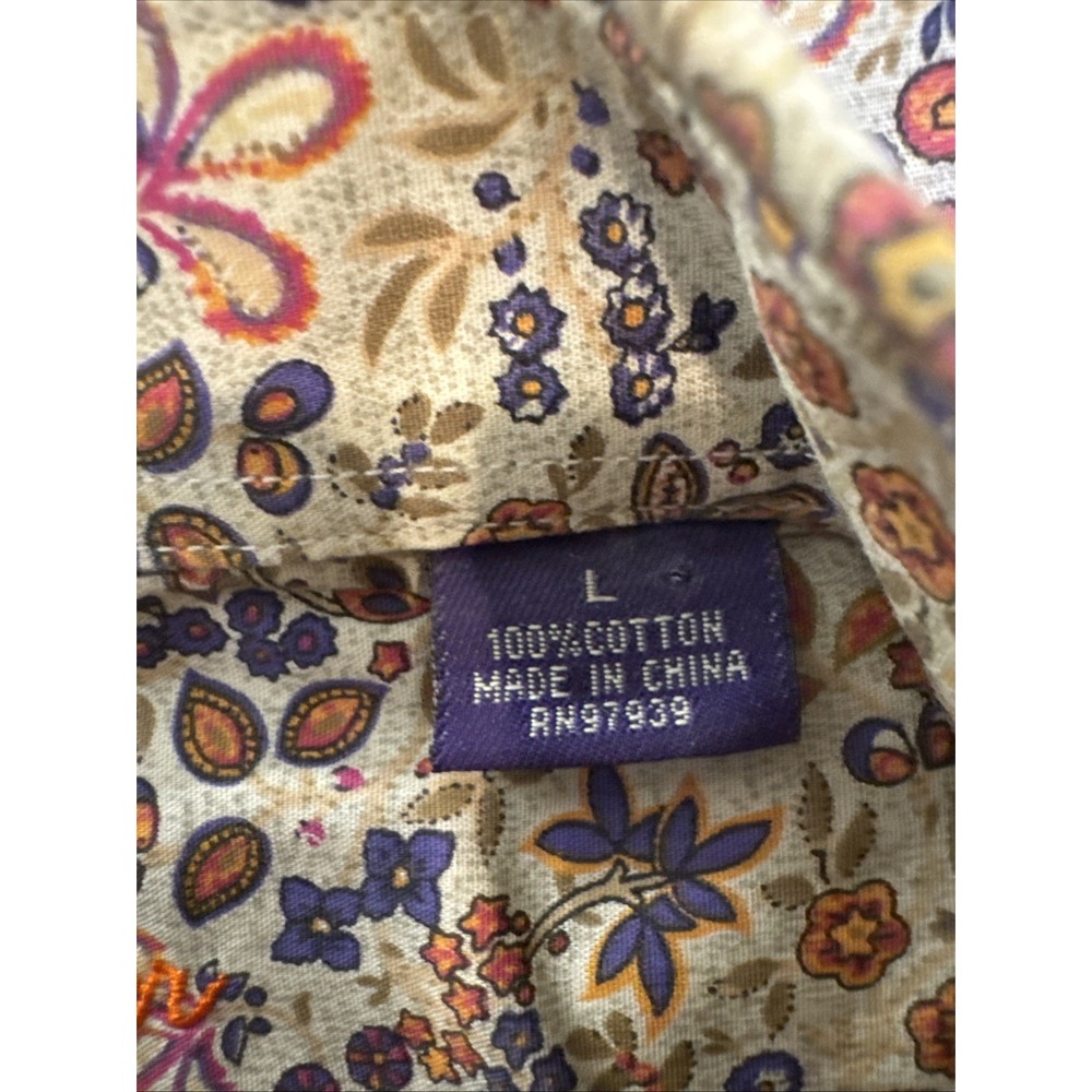 Alan Flusser Button Up Shirt LG Men's Tan Floral Short Sleeve Casual - Picture 16 of 16